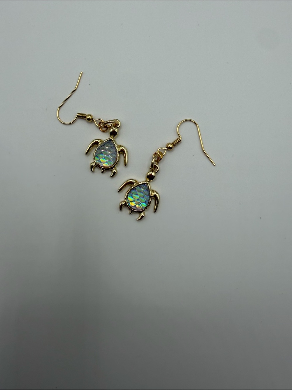 Gold Turtle Drop Earrings with Iridescent Shell